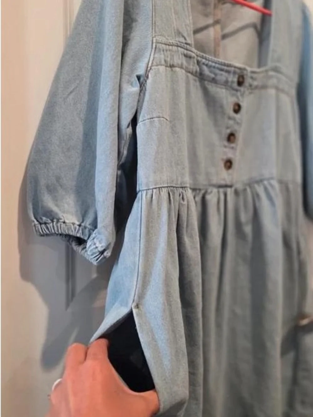 Girls' Light Blue Denim Square-Neck Dress with Puff Sleeves